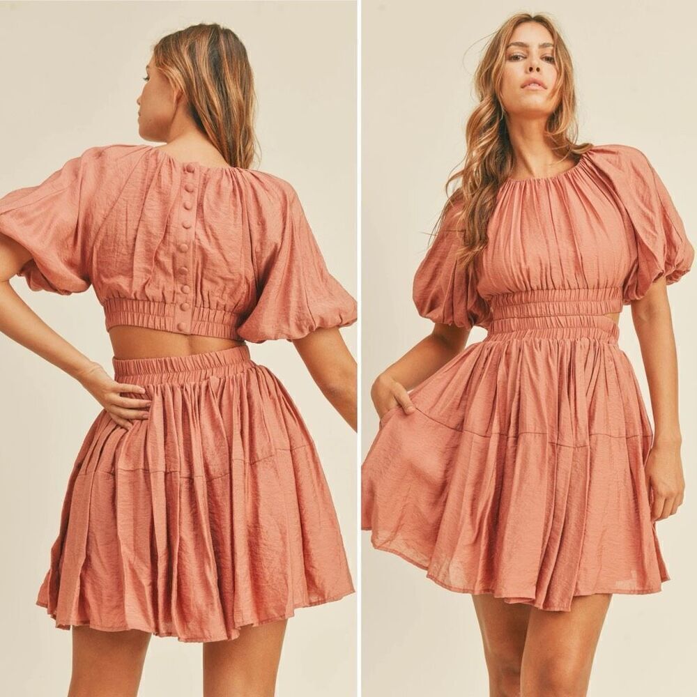 Mable Davina Shirring Detail Tiered Dress.Size S Boho Dusty Rose Flirty Cute